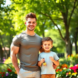 A cute, handsome muscular guy with a charming smile standing confidently next to a young boy who looks excited and happy