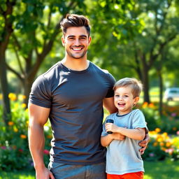 A cute, handsome muscular guy with a charming smile standing confidently next to a young boy who looks excited and happy