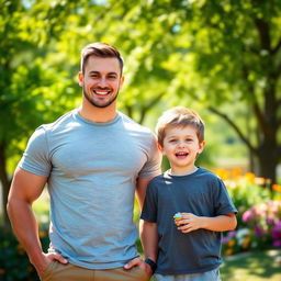A cute, handsome muscular guy with a charming smile standing confidently next to a young boy who looks excited and happy