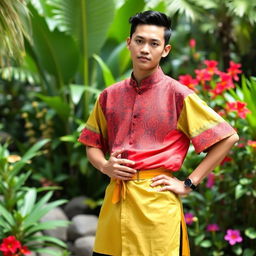 A person wearing a creative, stylish todak (traditional Indonesian shirt) in a vibrant color scheme