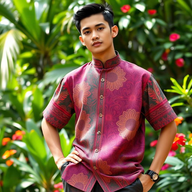 A person wearing a creative, stylish todak (traditional Indonesian shirt) in a vibrant color scheme
