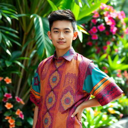 A person wearing a creative, stylish todak (traditional Indonesian shirt) in a vibrant color scheme
