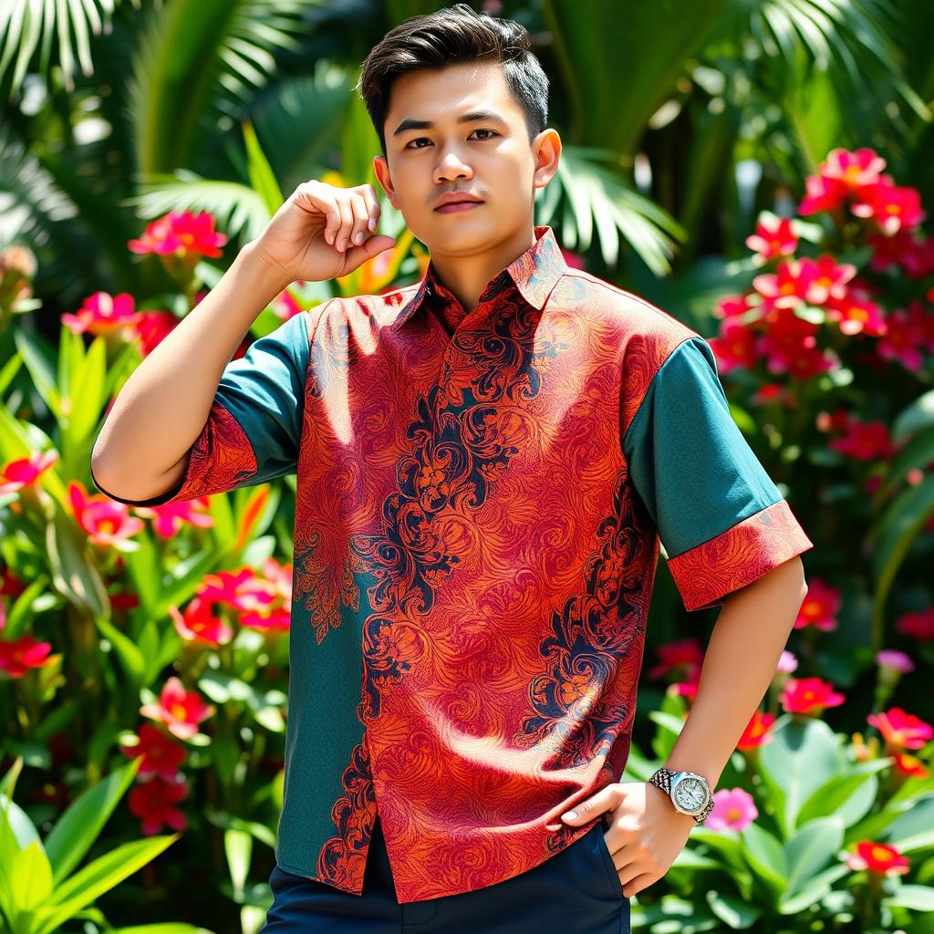 A person wearing a creative, stylish todak (traditional Indonesian shirt) in a vibrant color scheme