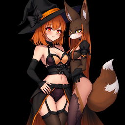 A sexy gothic anime witch girl with shoulder-length orange hair and thick red lips, elegantly wearing a classic witches hat