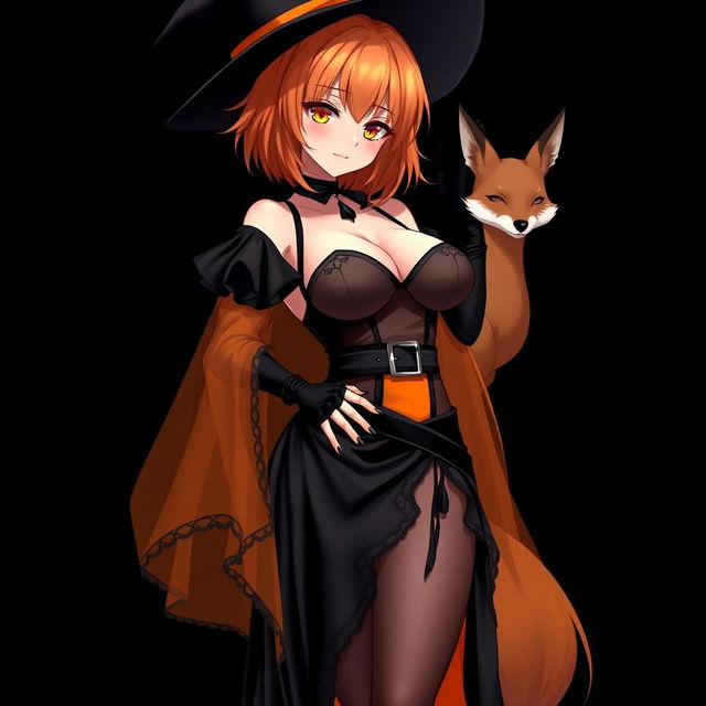 A sexy gothic anime witch girl with shoulder-length orange hair and thick red lips, elegantly wearing a classic witches hat