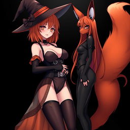 A sexy gothic anime witch girl with shoulder-length orange hair and thick red lips, elegantly wearing a classic witches hat