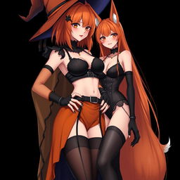 A sexy gothic anime witch girl with shoulder-length orange hair and thick red lips, elegantly wearing a classic witches hat