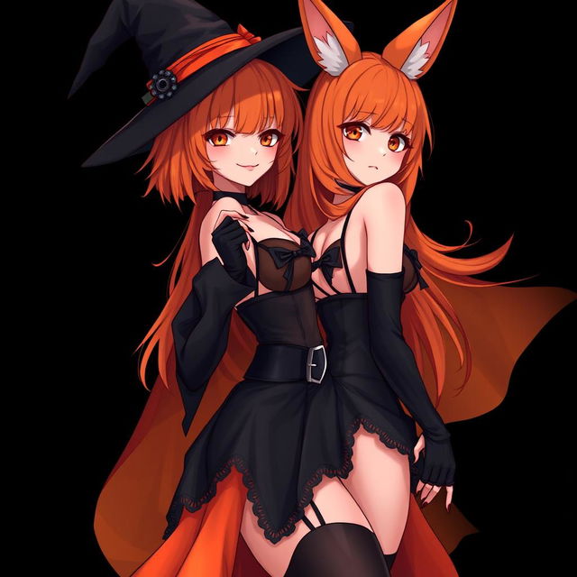 A sexy gothic anime witch girl with shoulder-length orange hair and thick red lips, elegantly adorned with a classic witches hat