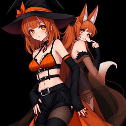 A sexy gothic anime witch girl with shoulder-length orange hair and thick red lips, elegantly adorned with a classic witches hat