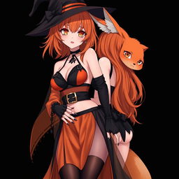 A sexy gothic anime witch girl with shoulder-length orange hair and thick red lips, elegantly adorned with a classic witches hat