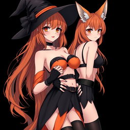 A sexy gothic anime witch girl with shoulder-length orange hair and thick red lips, elegantly adorned with a classic witches hat