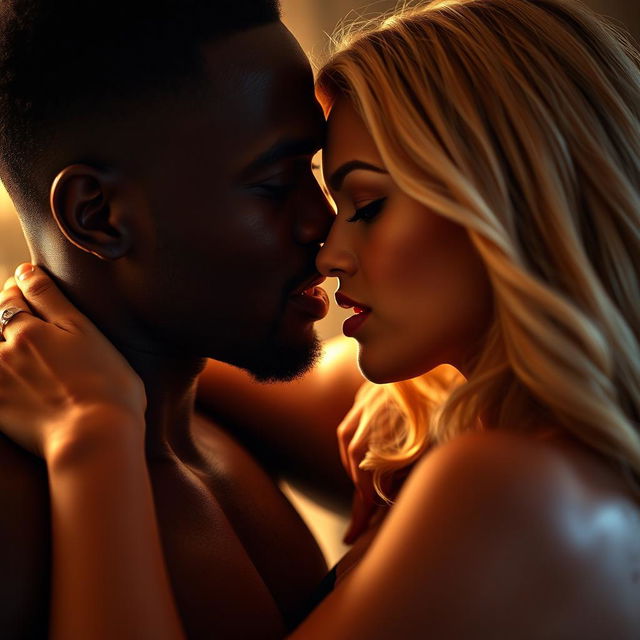 A passionate and intimate scene of an African American man and a beautiful blonde woman enjoying an affectionate moment together