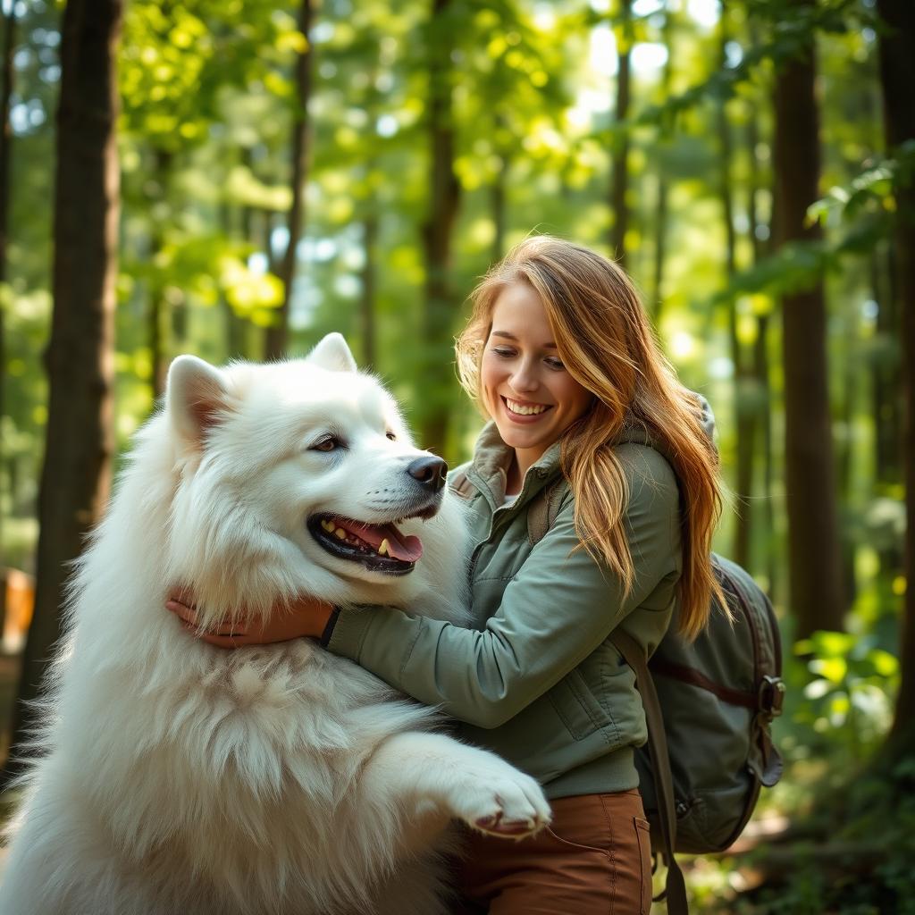 A beautiful Swedish woman embracing nature in a serene forest setting, surrounded by tall trees and dappled sunlight