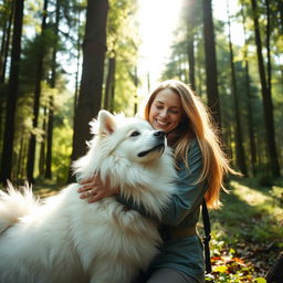 A beautiful Swedish woman embracing nature in a serene forest setting, surrounded by tall trees and dappled sunlight