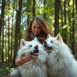 A beautiful Swedish woman embracing nature in a serene forest setting, surrounded by tall trees and dappled sunlight