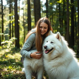 A beautiful Swedish woman embracing nature in a serene forest setting, surrounded by tall trees and dappled sunlight