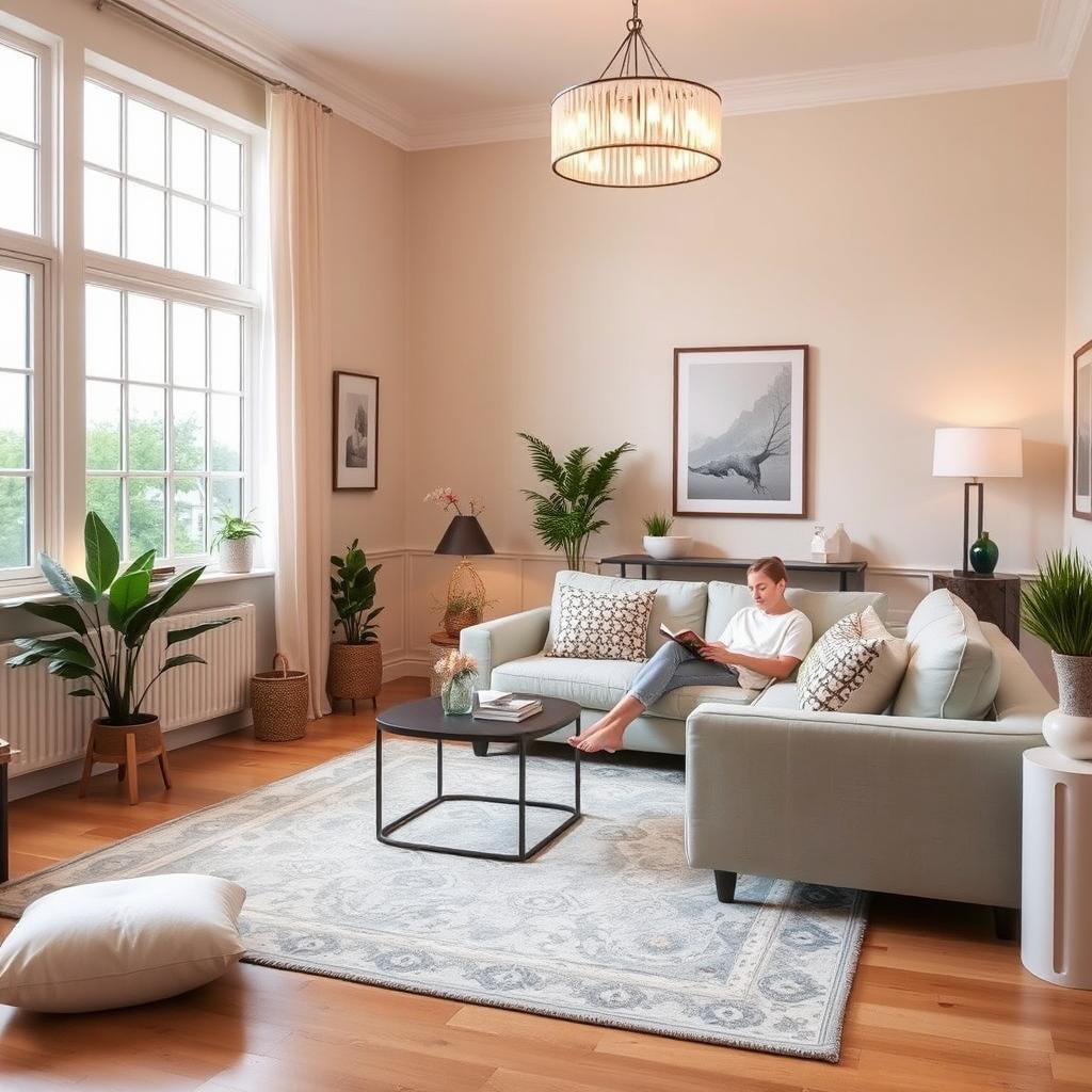 A stylish and modern living room featuring comfortable furniture, warm ambient lighting, and decorative elements