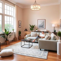 A stylish and modern living room featuring comfortable furniture, warm ambient lighting, and decorative elements