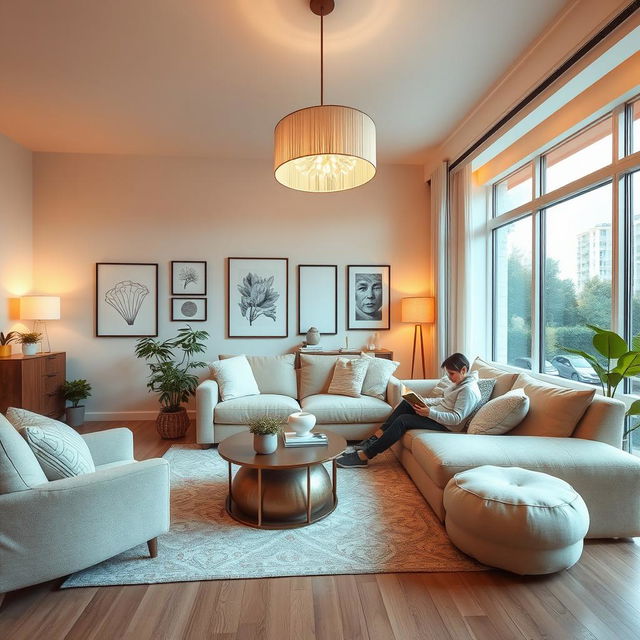 A stylish and modern living room featuring comfortable furniture, warm ambient lighting, and decorative elements