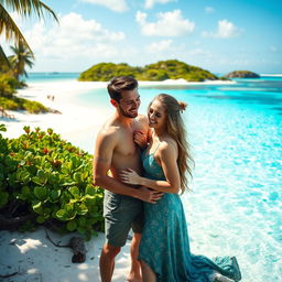 A romantic scene set on a beautiful isolated island, featuring two attractive young adults enjoying a serene moment together