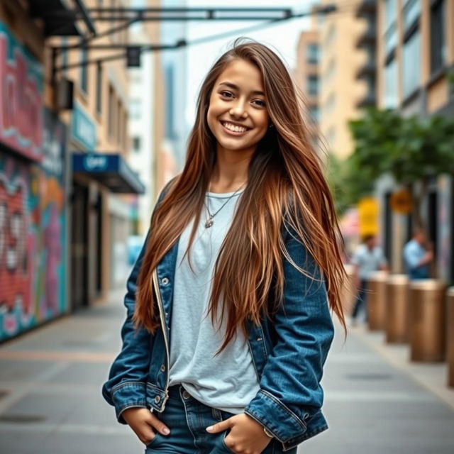 A confident and stylish teenage girl with long flowing hair, dressed in trendy casual wear, standing in an urban environment