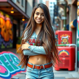 A confident and stylish teenage girl with long flowing hair, dressed in trendy casual wear, standing in an urban environment