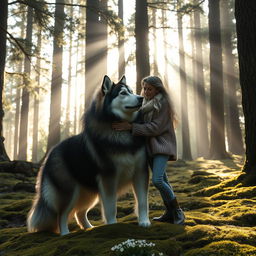A serene scene depicting a woman from Sweden, with long flowing hair, gently interacting with a larger-than-life Alaskan Malamute in a mystical forest