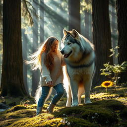 A serene scene depicting a woman from Sweden, with long flowing hair, gently interacting with a larger-than-life Alaskan Malamute in a mystical forest
