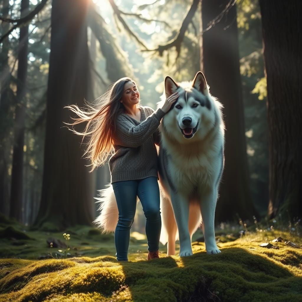 A serene scene depicting a woman from Sweden, with long flowing hair, gently interacting with a larger-than-life Alaskan Malamute in a mystical forest