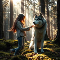 A serene scene depicting a woman from Sweden, with long flowing hair, gently interacting with a larger-than-life Alaskan Malamute in a mystical forest