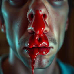 A close-up portrait of a person with a realistic and dramatic look, depicting a scenario where blood is trickling from the nose