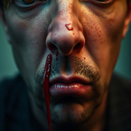 A close-up portrait of a person with a realistic and dramatic look, depicting a scenario where blood is trickling from the nose