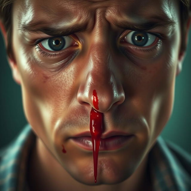 A close-up portrait of a person with a realistic and dramatic look, depicting a scenario where blood is trickling from the nose
