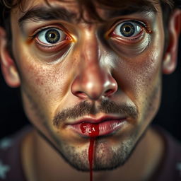 A close-up portrait of a person with a realistic and dramatic look, depicting a scenario where blood is trickling from the nose