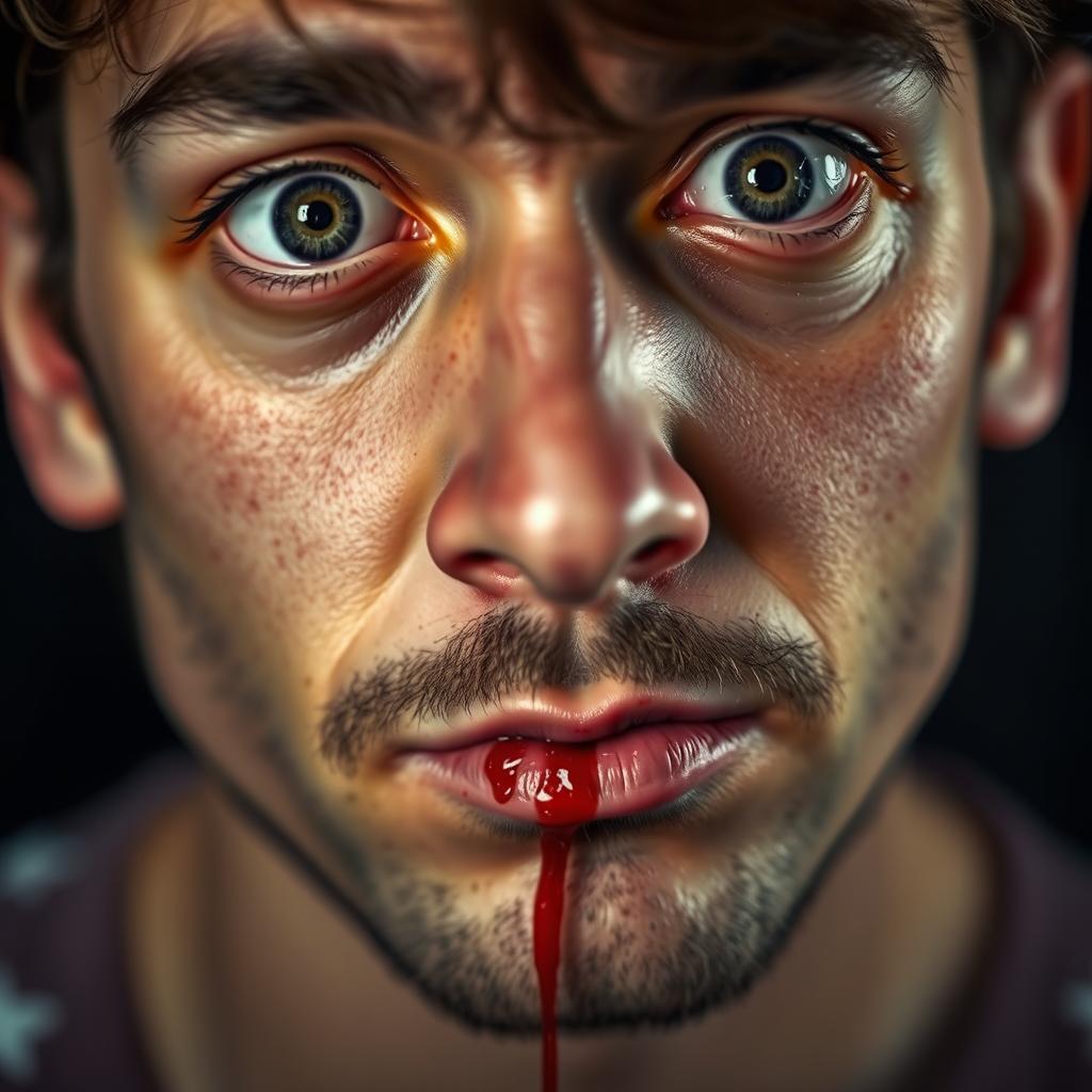 A close-up portrait of a person with a realistic and dramatic look, depicting a scenario where blood is trickling from the nose