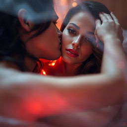 A seductive and captivating scene depicting an attractive woman in an intimate, romantic setting