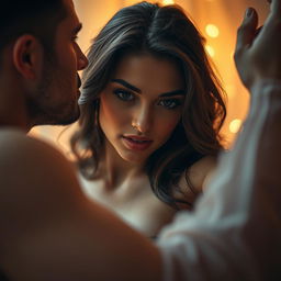 A seductive and captivating scene depicting an attractive woman in an intimate, romantic setting