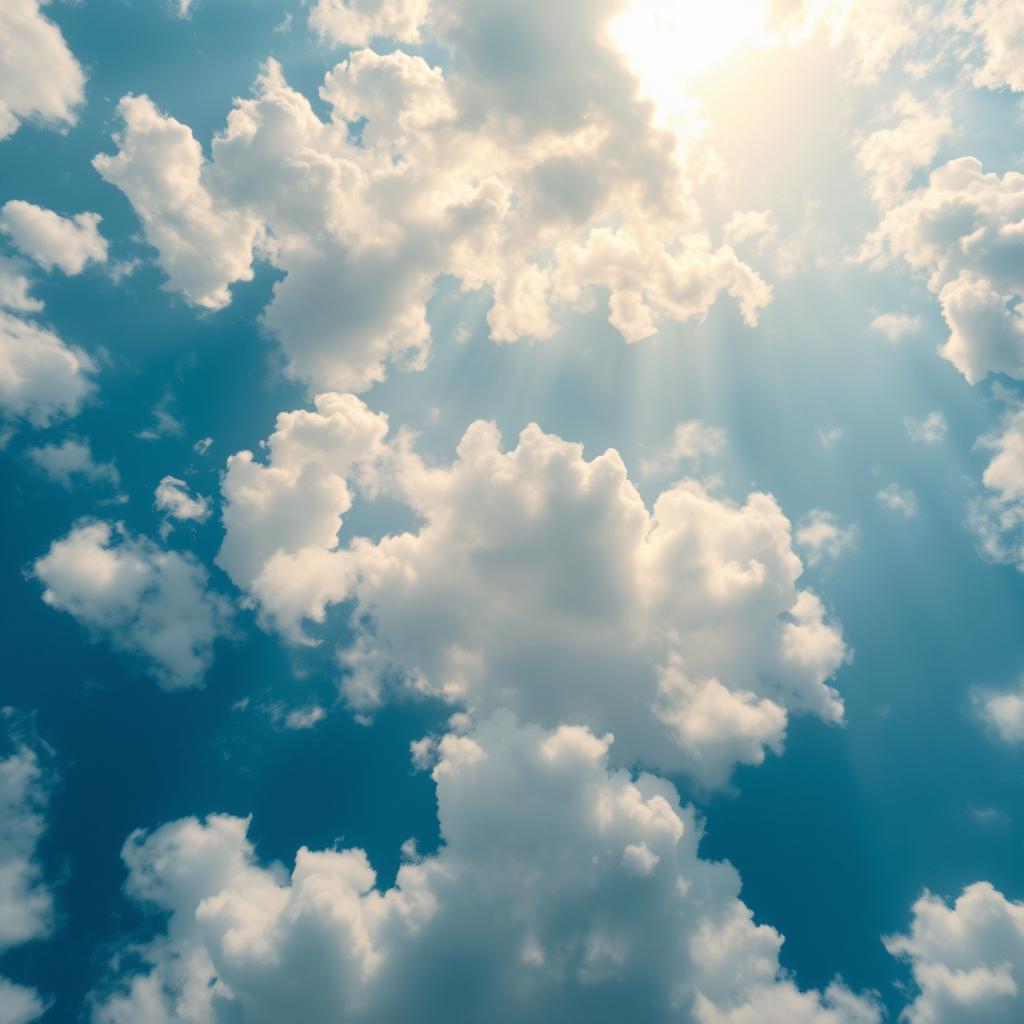 A breathtaking view of a cloud-filled sky, showcasing fluffy white clouds against a deep blue background