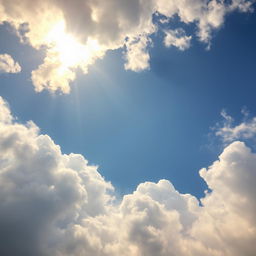 A breathtaking view of a cloud-filled sky, showcasing fluffy white clouds against a deep blue background