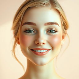 A serene and joyful face, featuring a gentle smile with relaxed features, bright and sparkling eyes filled with warmth, a soft blush on the cheeks