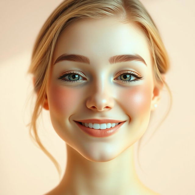 A serene and joyful face, featuring a gentle smile with relaxed features, bright and sparkling eyes filled with warmth, a soft blush on the cheeks