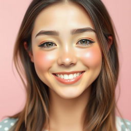 A serene and joyful face, featuring a gentle smile with relaxed features, bright and sparkling eyes filled with warmth, a soft blush on the cheeks