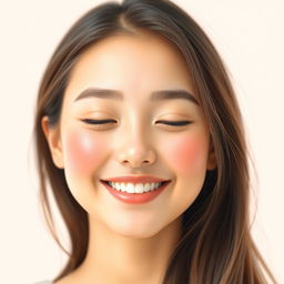 A serene and joyful face, featuring a gentle smile with relaxed features, bright and sparkling eyes filled with warmth, a soft blush on the cheeks