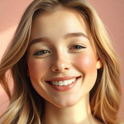 A serene and joyful face, featuring a gentle smile with relaxed features, bright and sparkling eyes filled with warmth, a soft blush on the cheeks
