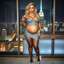 Full length, head to toe photograph of an alluring young woman with a voluptuous and thick curvy figure