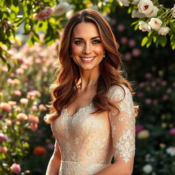 A portrait of a regal woman resembling Kate Middleton, dressed in an elegant royal gown, standing gracefully in a beautiful lavish garden filled with blooming flowers and greenery