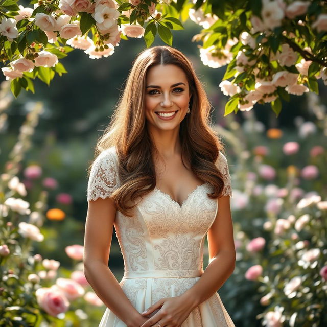 A portrait of a regal woman resembling Kate Middleton, dressed in an elegant royal gown, standing gracefully in a beautiful lavish garden filled with blooming flowers and greenery