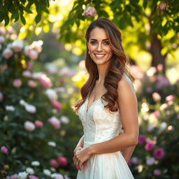 A portrait of a regal woman resembling Kate Middleton, dressed in an elegant royal gown, standing gracefully in a beautiful lavish garden filled with blooming flowers and greenery