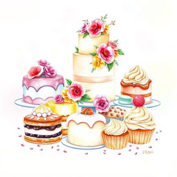 A beautiful and enticing watercolor painting of a delightful dessert display featuring a variety of pastries, cakes, and sweets