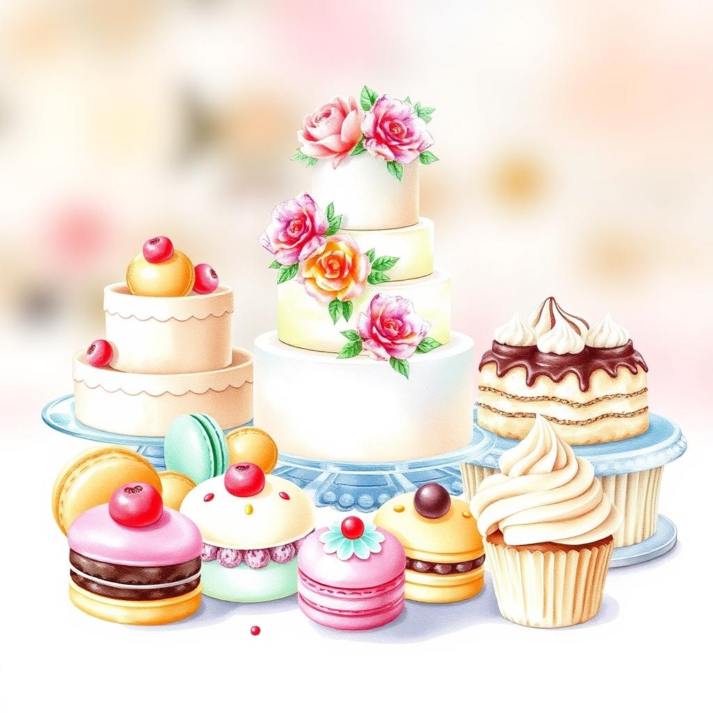 A beautiful and enticing watercolor painting of a delightful dessert display featuring a variety of pastries, cakes, and sweets